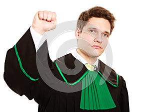 Law. Man lawyer in polish gown counting on fingers