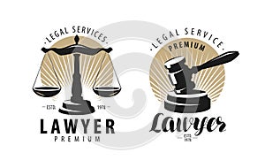 Law office, attorney, lawyer logo or label. Scales of justice, gavel symbol. Vector illustration photo