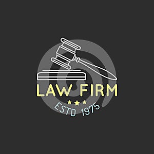 Law office logo with gavel illustration.Vector vintage attorney, advocate label,badge. Act,principle,legal icon design.