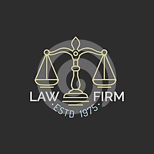 Law office logo with scales of justice illustration. Vector vintage attorney, advocate label, juridical firm badge.