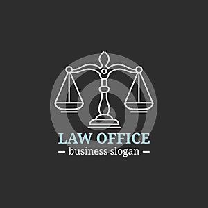 Law office logo with scales of justice illustration. Vector vintage attorney, advocate label, juridical firm badge.