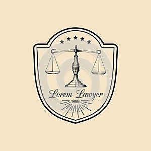 Law office logo with scales of justice illustration. Vector vintage attorney, advocate label, juridical firm badge.