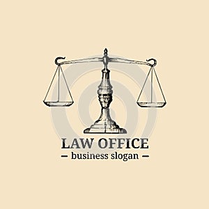 Law office logo with scales of justice illustration. Vector vintage attorney, advocate label, juridical firm badge.