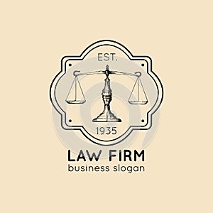 Law office logo with scales of justice illustration. Vector vintage attorney, advocate label, juridical firm badge.