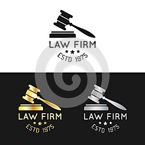 Law office logos set with gavel illustration. Vector vintage attorney, advocate labels,juridical firm badges collection.