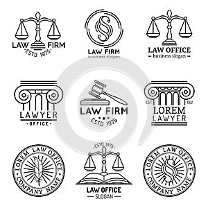 Law office logos set with scales of justice,gavel etc illustrations. Vector vintage attorney,advocate labels collection.