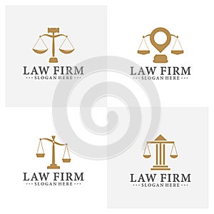 Law office logotypes set with scales of justice, gavel etc illustrations. Vector vintage attorney, advocate labels, juridical firm