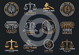 Law office symbols set with scales of justice, gavel etc illustrations. Vector attorney, advocate labels etc.