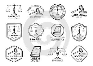 Law office icons set with scales of justice, gavel etc illustrations. Vector vintage attorney, advocate labels. photo