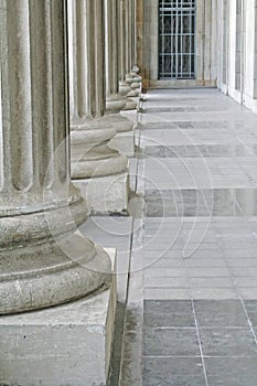 Law and order pillars outside a courthouse