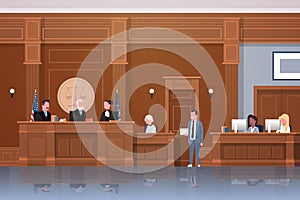 Law process with judge secretary suspect and lawyer or attorney giving a speech court session modern courtroom interior