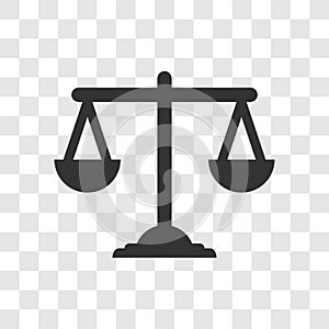 Law scales icon. Justice scale Law balance symbol. Libra sign flat design. Vector illustration isolated on transparent background.