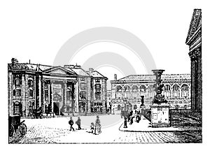 Law school and BibliothÃ¨que Saint Genevieve, vintage engraving