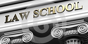 LAW SCHOOL building logo concept. White ionic order pillars background. 3d illustration