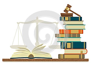 Law studies. Stack of books with glasses, open book and judge gavel on white background. photo