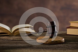 Law theme. Courtroom law concept on rustic background