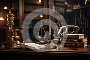Law theme. Mallet of the judge, books, scales of justice, A close-up of a wooden lawyer table with a