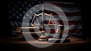 Law theme, mallet of judge, scales of justice, wooden gavel, books and flag of USA