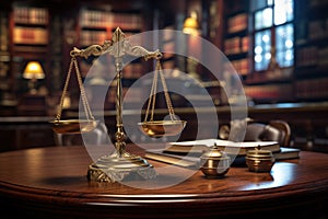 Law theme, mallet of judge, wooden desk, books, scales of justice, A close-up of a wooden lawyer table