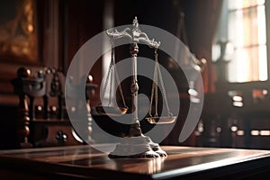 Law theme, mallet of judge, wooden desk with scales of justice, Judge Gavel and Scales of Justice in the Courthouse, Ai Generated