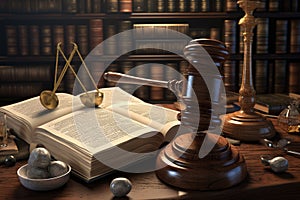 Law theme, mallet of judge, wooden gavel and books