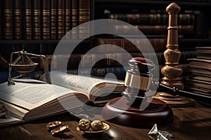 Law theme, mallet of judge, wooden gavel and books