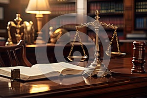 Law theme, mallet of judge, wooden gavel, books, A closeup of a wooden lawyer table with a judge, AI Generated