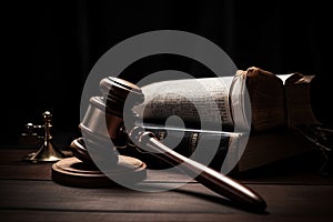 Law theme, mallet of the judge, wooden gavel on a dark background, Legal law hammer on a table with law books, Ai Generated