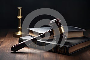 Law theme, mallet of judge, wooden gavel on wooden table, Legal law hammer on a table with law books, Ai Generated