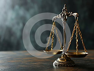 Law theme. Mallet of justice and scales of justice on dark background. Generative AI