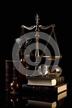 Law theme, wooden desk, scales of justice and books. Generative AI