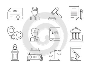 Law thin icon. Legal lawyer criminal judgement sheriff and police justice punishment vector symbols isolated