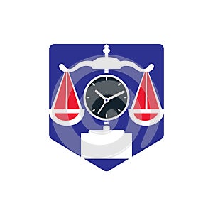 Law time vector logo design. Scale with clock icon vector logo design.