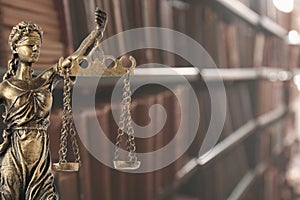 Law and wisdom. Statue of Lady Justice near shelves with books