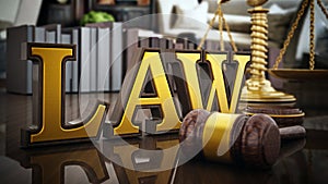 Law word, gavel and balanced scale on wooden table. 3D illustration