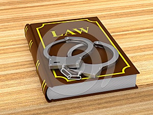 Lawbook and handcuffs. 3D illustration