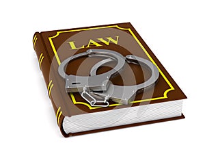 lawbook and handcuffs on white background. Isolated 3D illustration