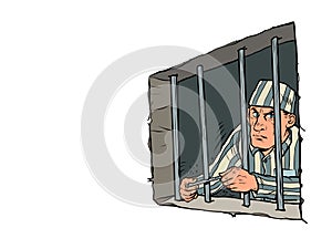 The lawbreaker is in jail. a prisoner in a striped uniform, a dangerous criminal. Escape attempt
