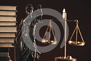 Lawer and notary concept. Statue of justice closeup view.