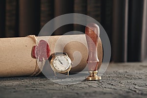 Lawer and notery concept. Paper document and stamp with whatch isolated. photo