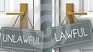 Lawful or unlawful as a choice in life - pictured as words unlawful, lawful on doors to show that unlawful and lawful are photo