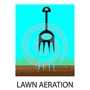 Lawn aeration. Process of lawn aeration. Aerator. Gardening grass lawn care, landscaping service. Vector illustration