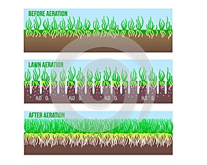 After and Before Lawn Aeration stage illustration. Gardening long grass lawn care, landscaping service. Vector stock