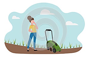 Lawn care equipment and service, aeration and scarification. The woman looks thoughtfully at the sparse withered lawn
