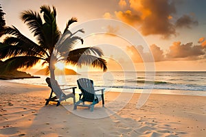 Lawn Chairs Under The Palm On The Sand Beach. Sunbed At The Beach. Caribbean Tropical Beach. Holidays. Generative AI