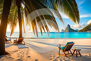 Lawn Chairs Under The Palm On The Sand Beach. Sunbed At The Beach. Caribbean Tropical Beach. Holidays. Generative AI