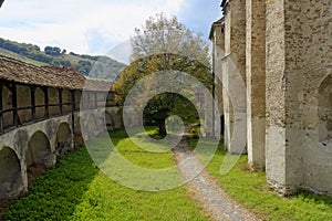 Lawn in courtyard of fortified church, Transylvania, Romania