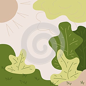 Lawn, edge of the forest. Children`s drawing, hand-drawn. Pastel color. Place for your text, vector illustration