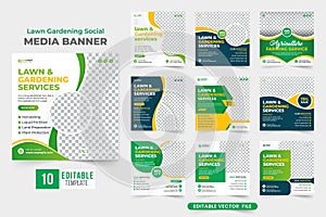 Lawn and gardening service social media banner bundle for advertisement. Agriculture and farming business promotion banner