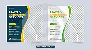 Lawn and gardening service social media post design. Garden cleaning and lawn mowing service flyer design with green, yellow, and